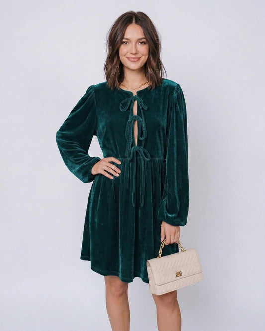 Jade Mini Dress by Lauven, featuring emerald velvet fabric, lantern sleeves, and a delicate drawstring detail.