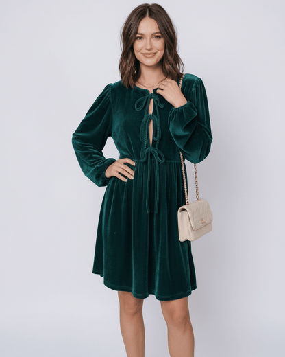 Jade Mini Dress by Lauven, featuring emerald velvet, lantern sleeves, and a relaxed waist for a chic style.