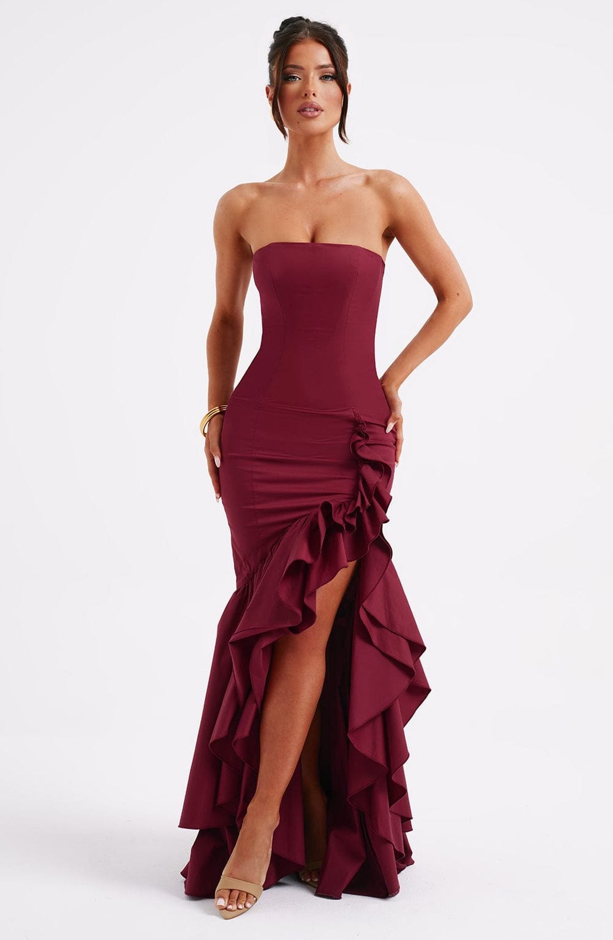 Jasmine Women's Dress in burgundy, strapless design with ruffles and high slit, perfect for weddings and formal events.