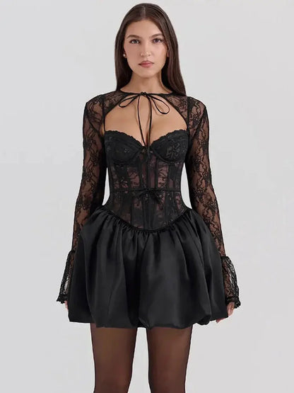 Elegant black lace mini dress with a fitted bodice and puffed skirt, perfect for parties and formal events.
