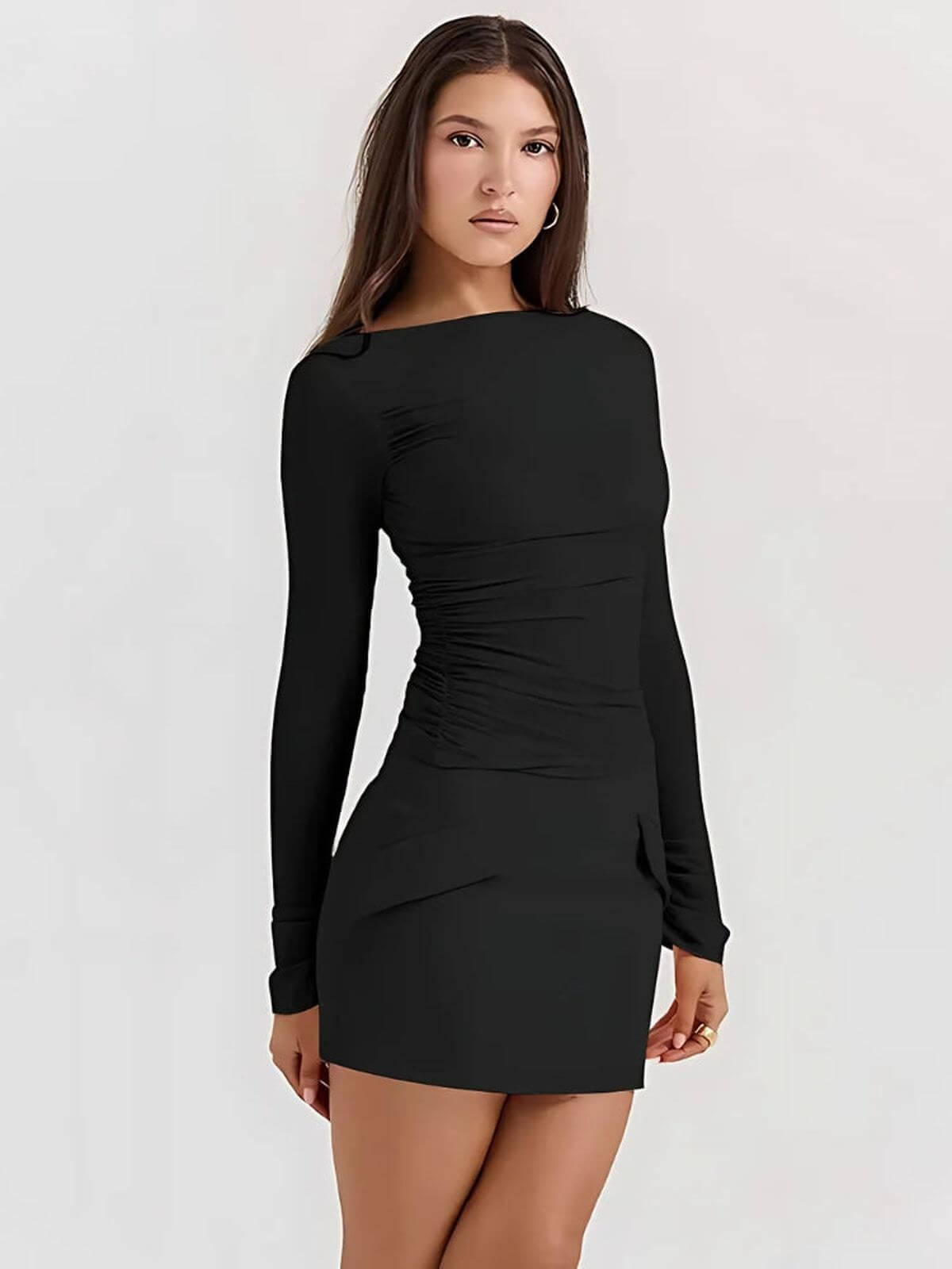 Black Juno Mini Dress with long sleeves and ruched detailing, perfect for cocktail or evening wear.