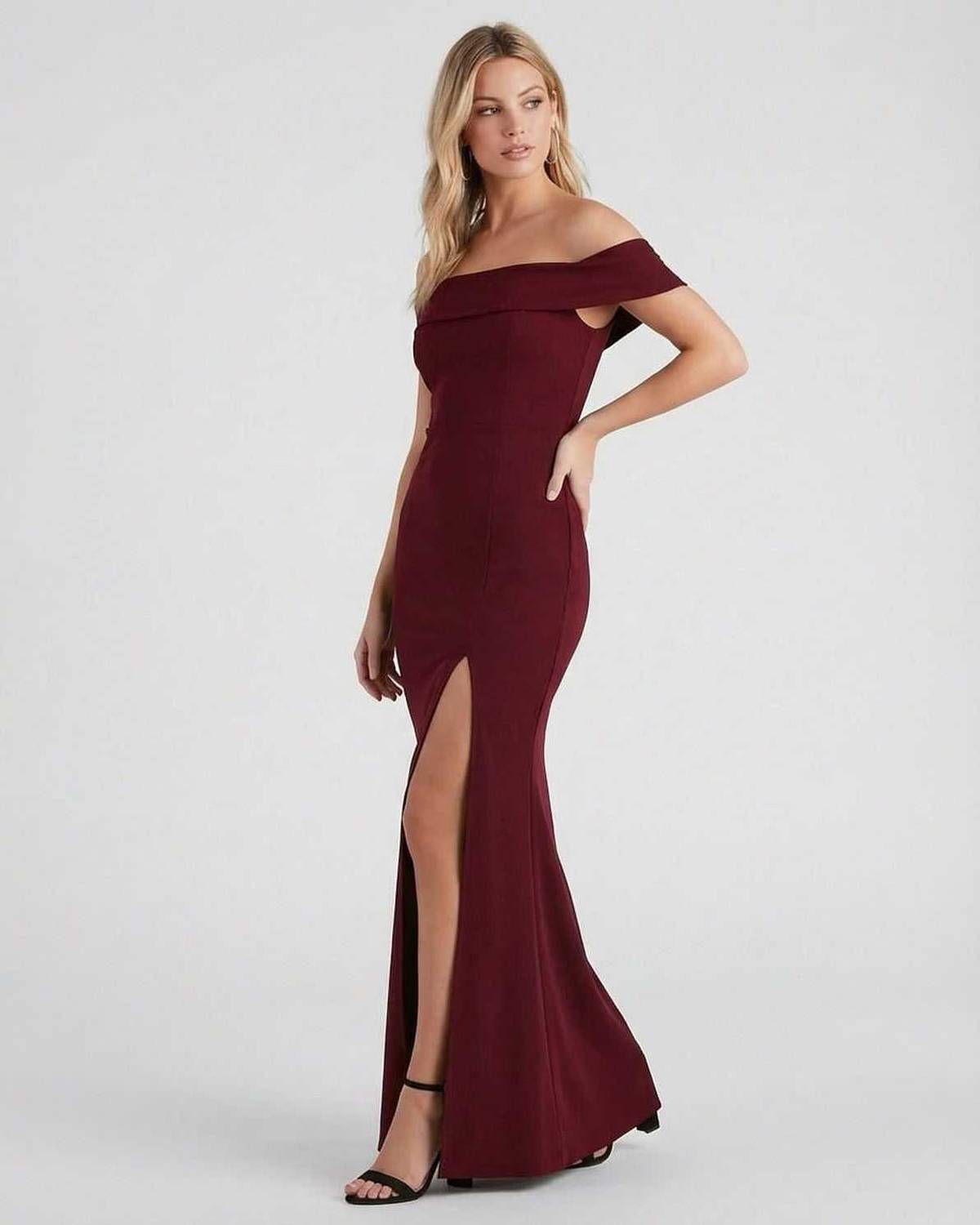 Kate Maxi Dress by Lauven – Elegant off-the-shoulder burgundy gown with a side slit.