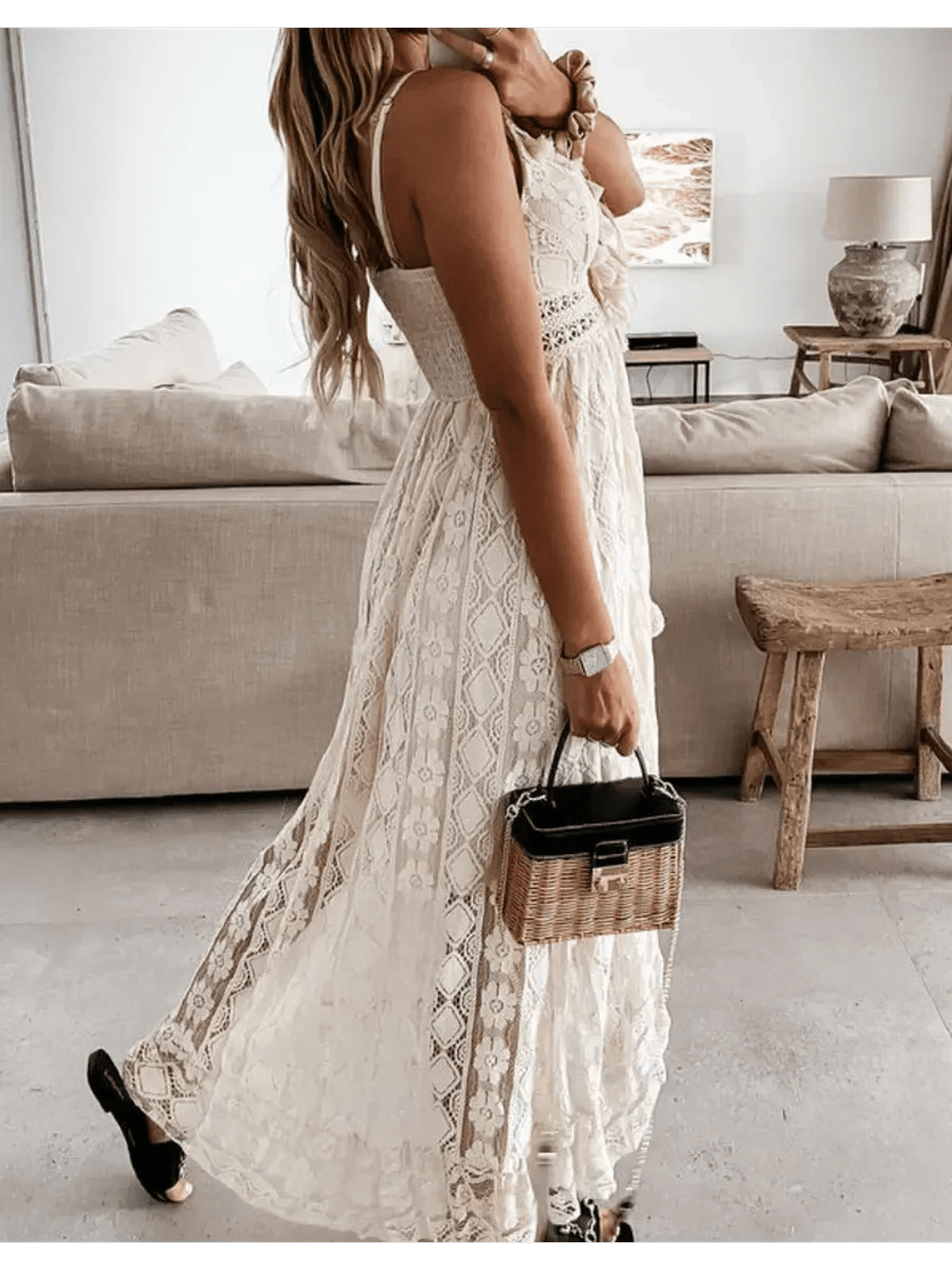 Lace Muse Maxi Dress showcasing intricate lacework, airy silhouette, and a flattering V-neck, perfect for warm weather.