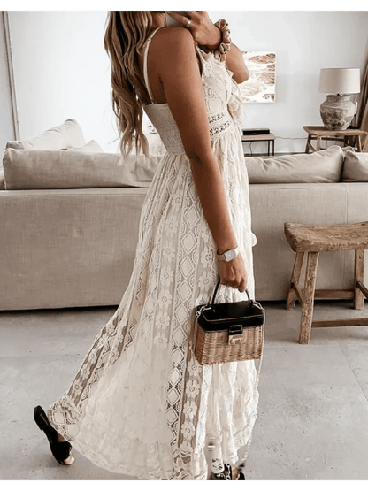 Lace Muse Maxi Dress showcasing intricate lacework, airy silhouette, and a flattering V-neck, perfect for warm weather.