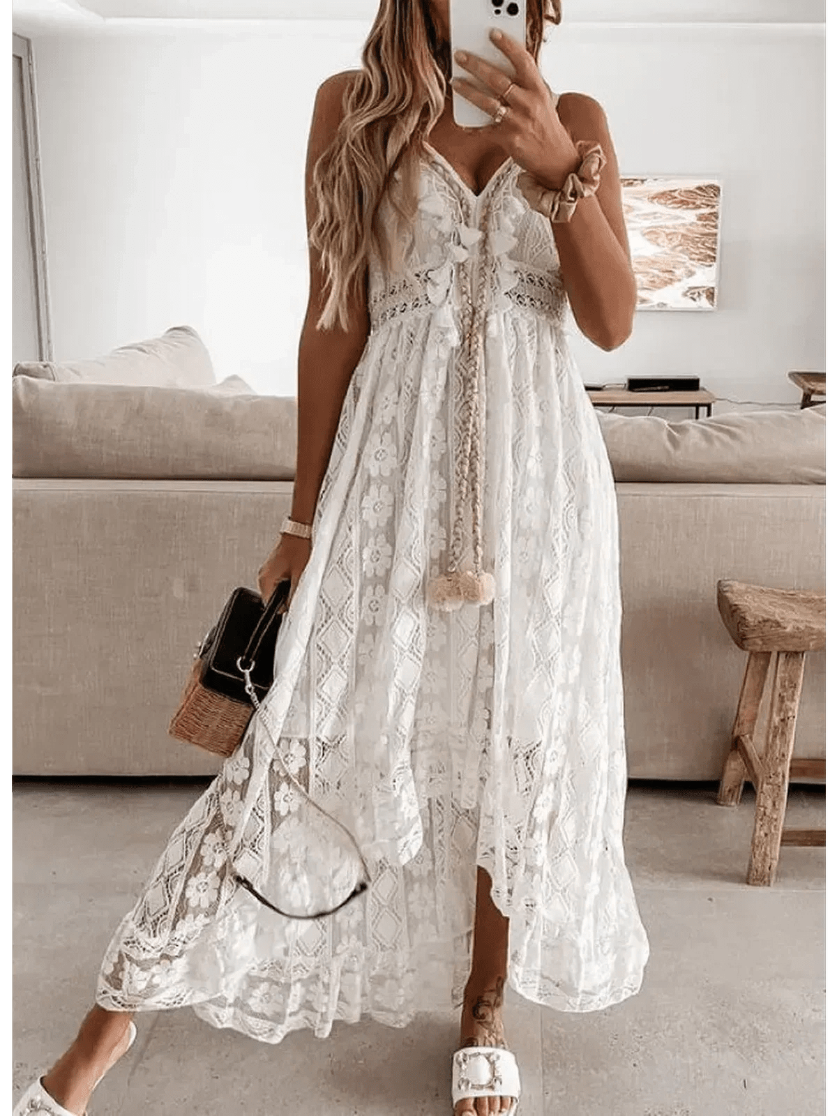 Elegant Lace Muse Maxi Dress in white, featuring intricate lace details and a flowy silhouette, ideal for warm weather.