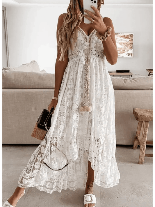 Elegant Lace Muse Maxi Dress in white, featuring intricate lace details and a flowy silhouette, ideal for warm weather.