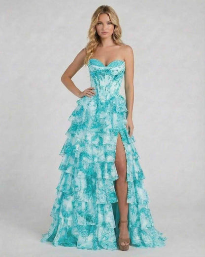 Lagoon Maxi Dress by Lauven - Turquoise floral tiered chiffon prom dress with a structured corset bodice.