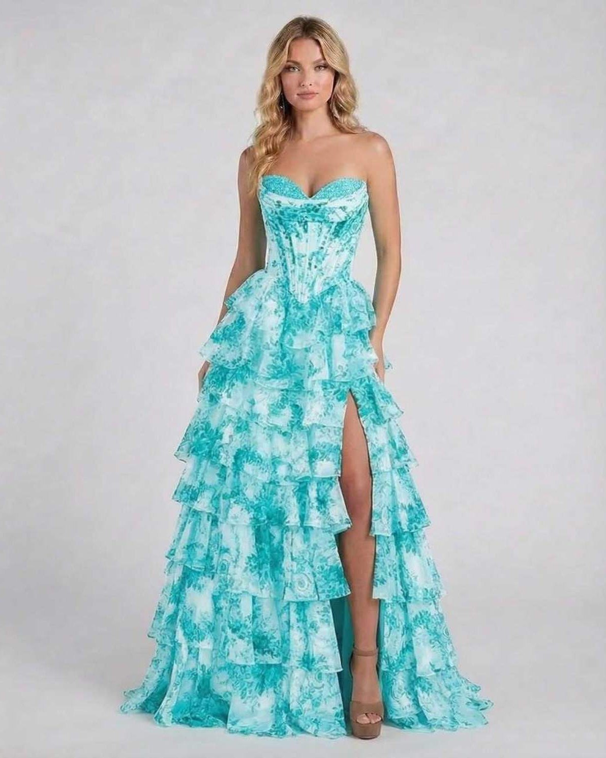 Lagoon Maxi Dress by Lauven, turquoise floral tiered chiffon dress, strapless corset bodice, flowing layered skirt.