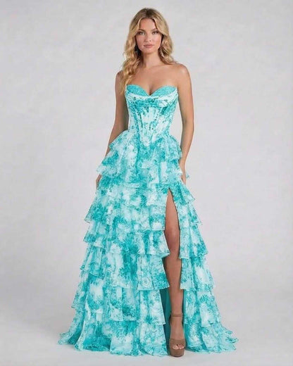 Lagoon Maxi Dress by Lauven, turquoise floral tiered chiffon dress, strapless corset bodice, flowing layered skirt.