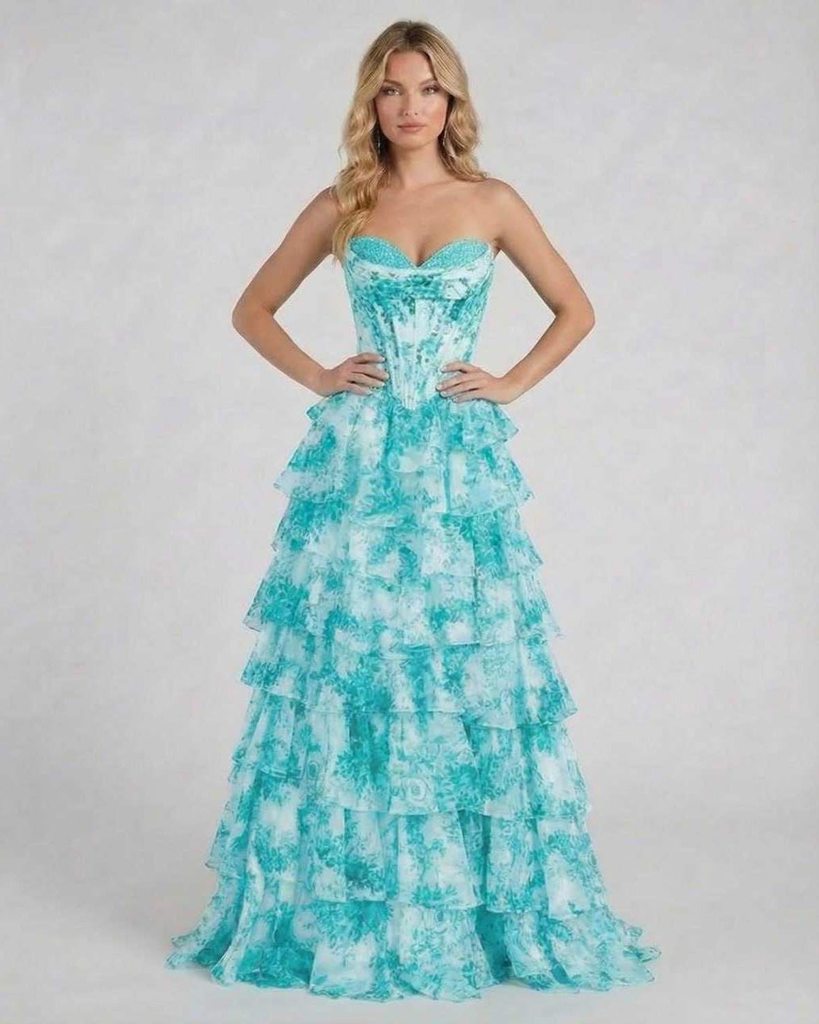 Lagoon Maxi Dress by Lauven - Strapless turquoise floral tiered chiffon prom dress with ruffled layers.