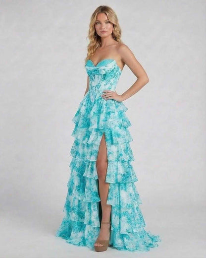 Lagoon Maxi Dress by Lauven — Turquoise Floral Tiered Chiffon Prom Dress featuring a strapless corset bodice and flowing skirt.