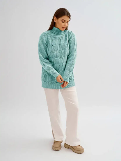 Laguna Sweater by Lauven - Oversized Cable Knit with High Neck in Light Blue