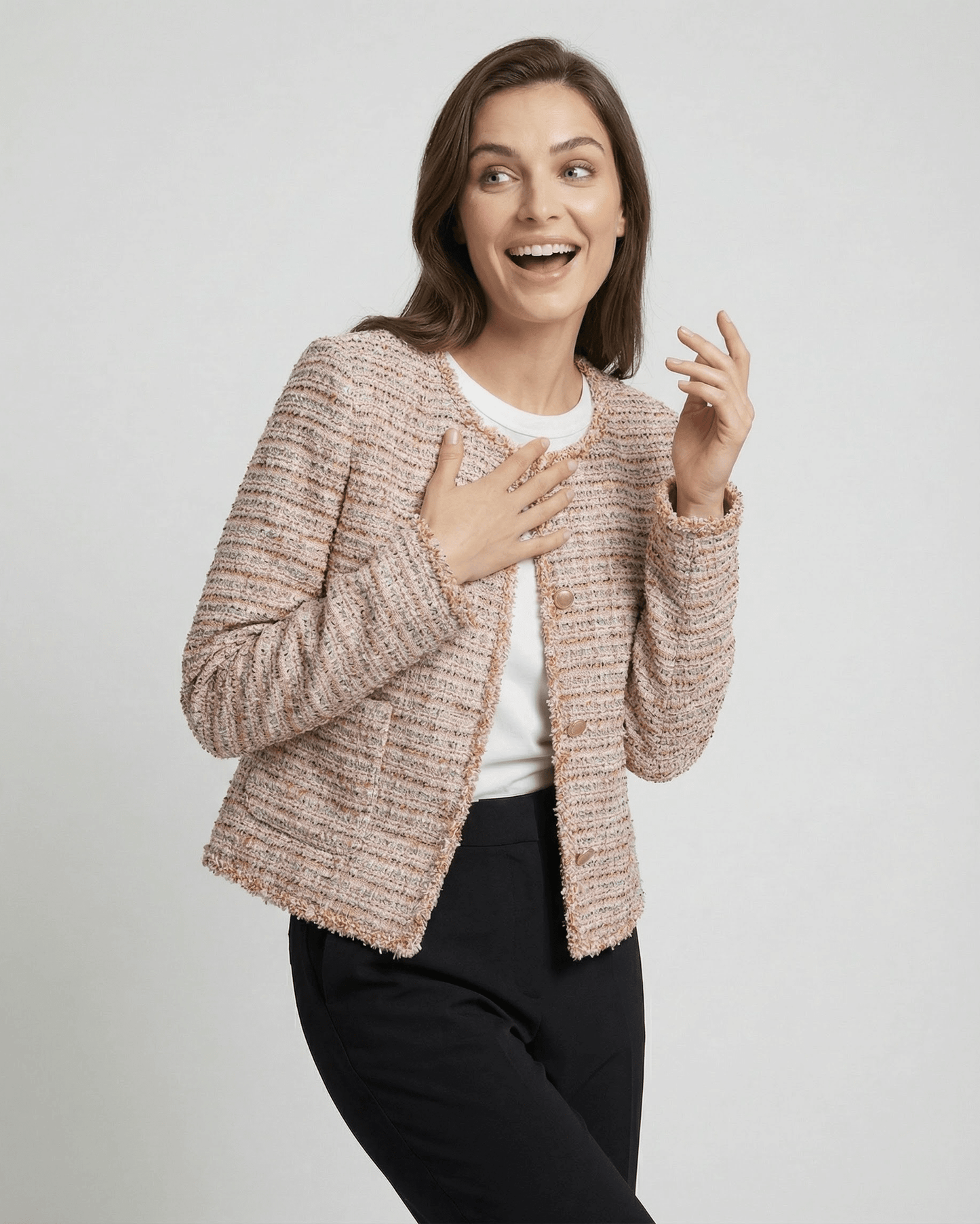 Florence Jacket by Lauven - Elegant women's tweed jacket with a relaxed fit and long sleeves.