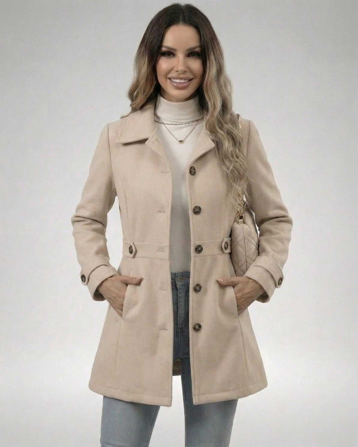 Lauven Latte Sculpt Jacket worn by a model, featuring a beige slim fit design and stylish buttons.
