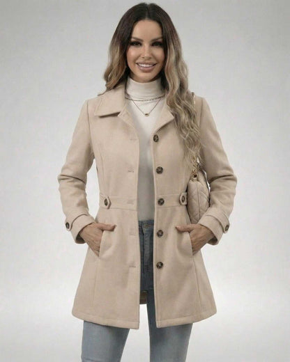 Lauven Latte Sculpt Jacket worn by a model, featuring a beige slim fit design and stylish buttons.
