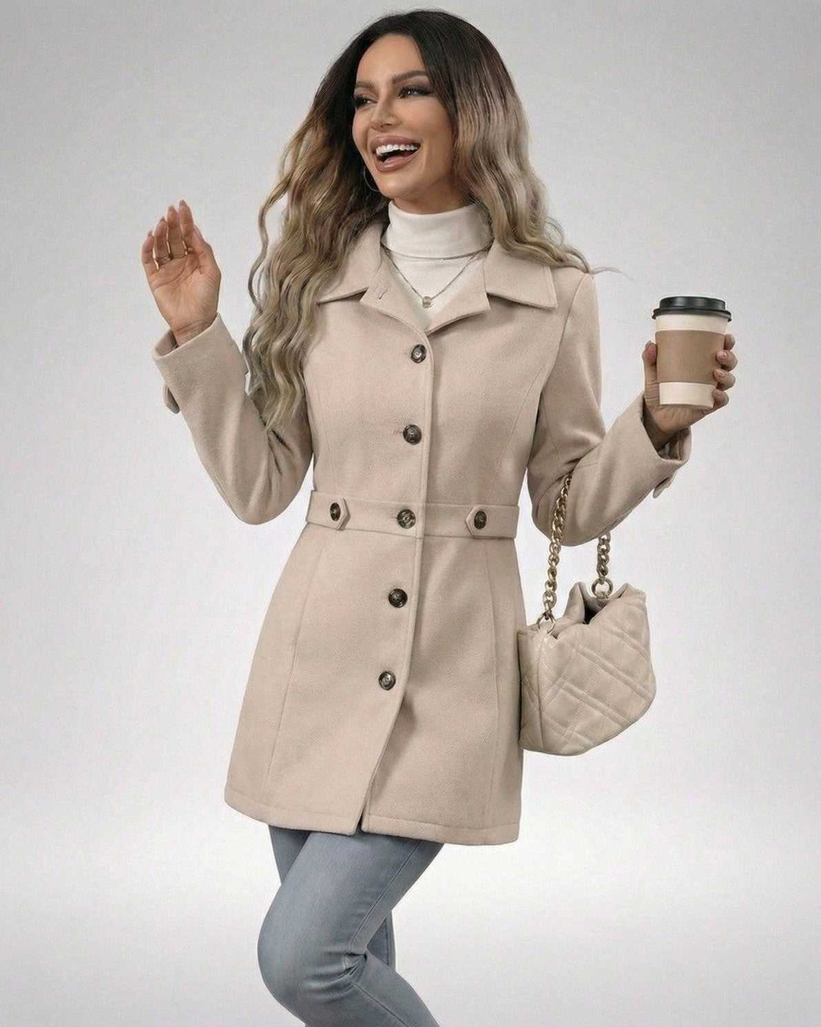 A woman wearing the Latte Sculpt Jacket by Lauven, showcasing a beige slim fit design, holding a coffee cup.