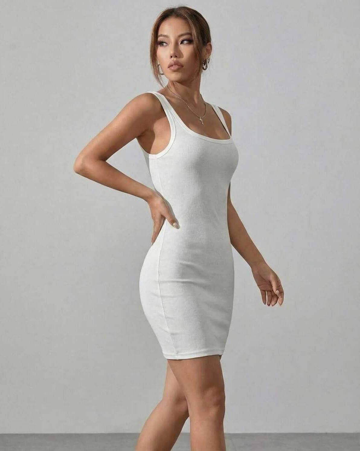 Luna Mini Dress by Lauven in sleek white ribbed cotton blend fabric, featuring a modern square neckline and fitted silhouette.