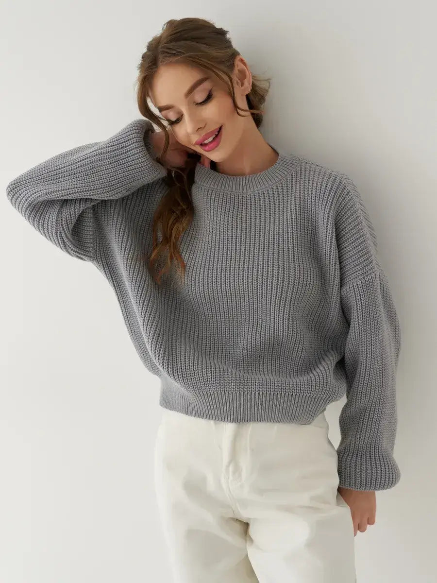 Luna Sweater by Lauven - Women's oversized light grey knit sweater, perfect for layering in fall and winter.