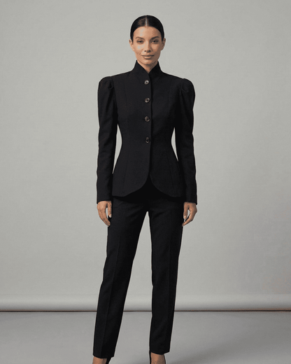 Noiré Blazer by Lauven featuring a stand collar and structured puff sleeves in black, perfect for sophisticated occasions.