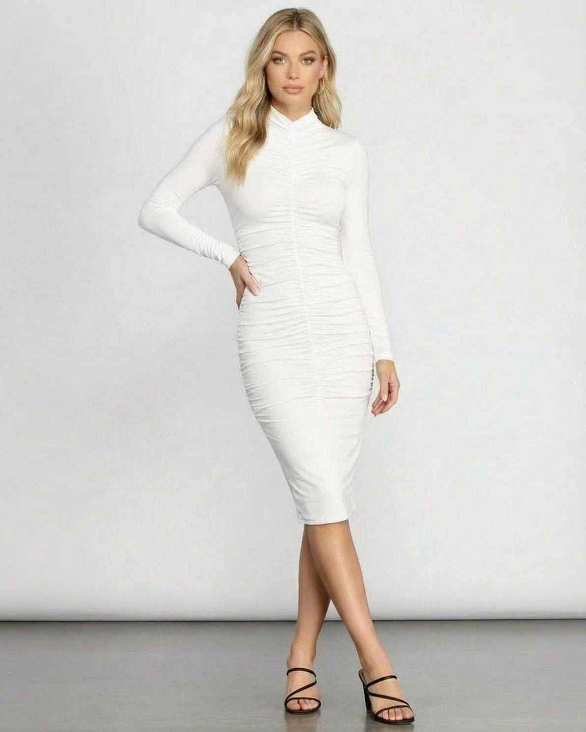 Alabastré Midi Dress by Lauven - Long sleeve white bodycon dress with sleek mock neckline and all-over ruching.