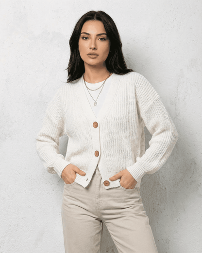 Alba Cardigan by Lauven - Classic white knitwear with V-neck and button details, perfect for layering.