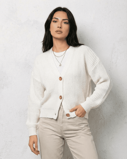 Alba Cardigan by Lauven, featuring a classic white knit design and soft V-neckline for effortless layering.