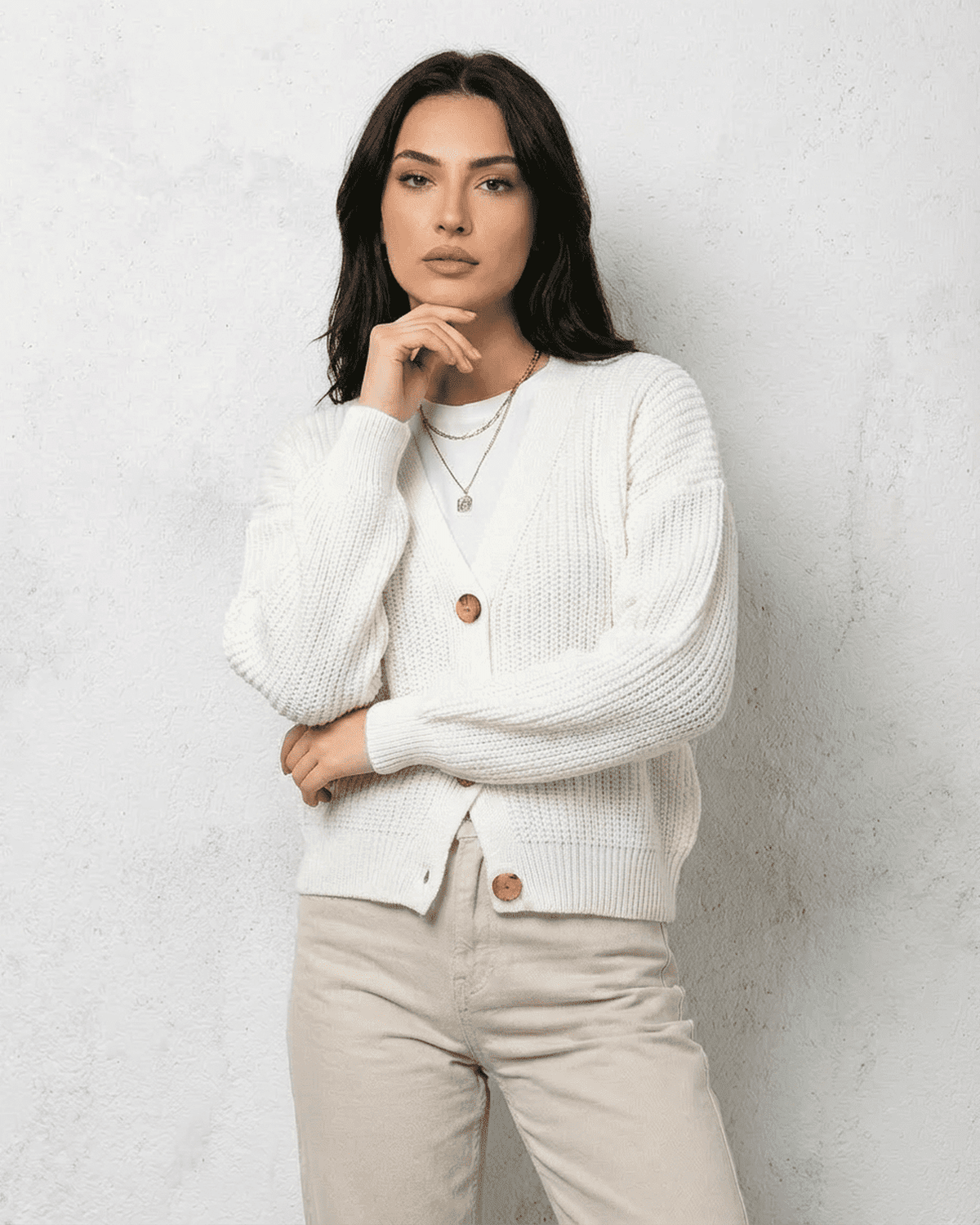 Alba Cardigan by Lauven, classic white knitwear with soft V-neck design and loose fit, perfect for layering.