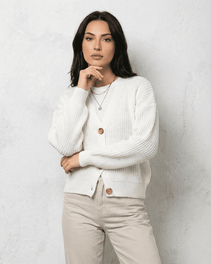 Alba Cardigan by Lauven, classic white knitwear with soft V-neck design and loose fit, perfect for layering.