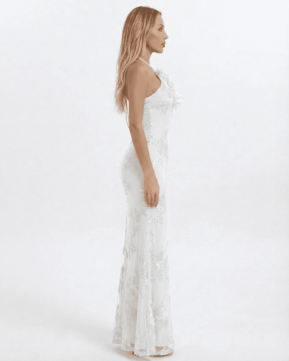 Alba Maxi Dress by Lauven, elegant halter neck design with 3D floral detail in white, showcasing a sleek silhouette.