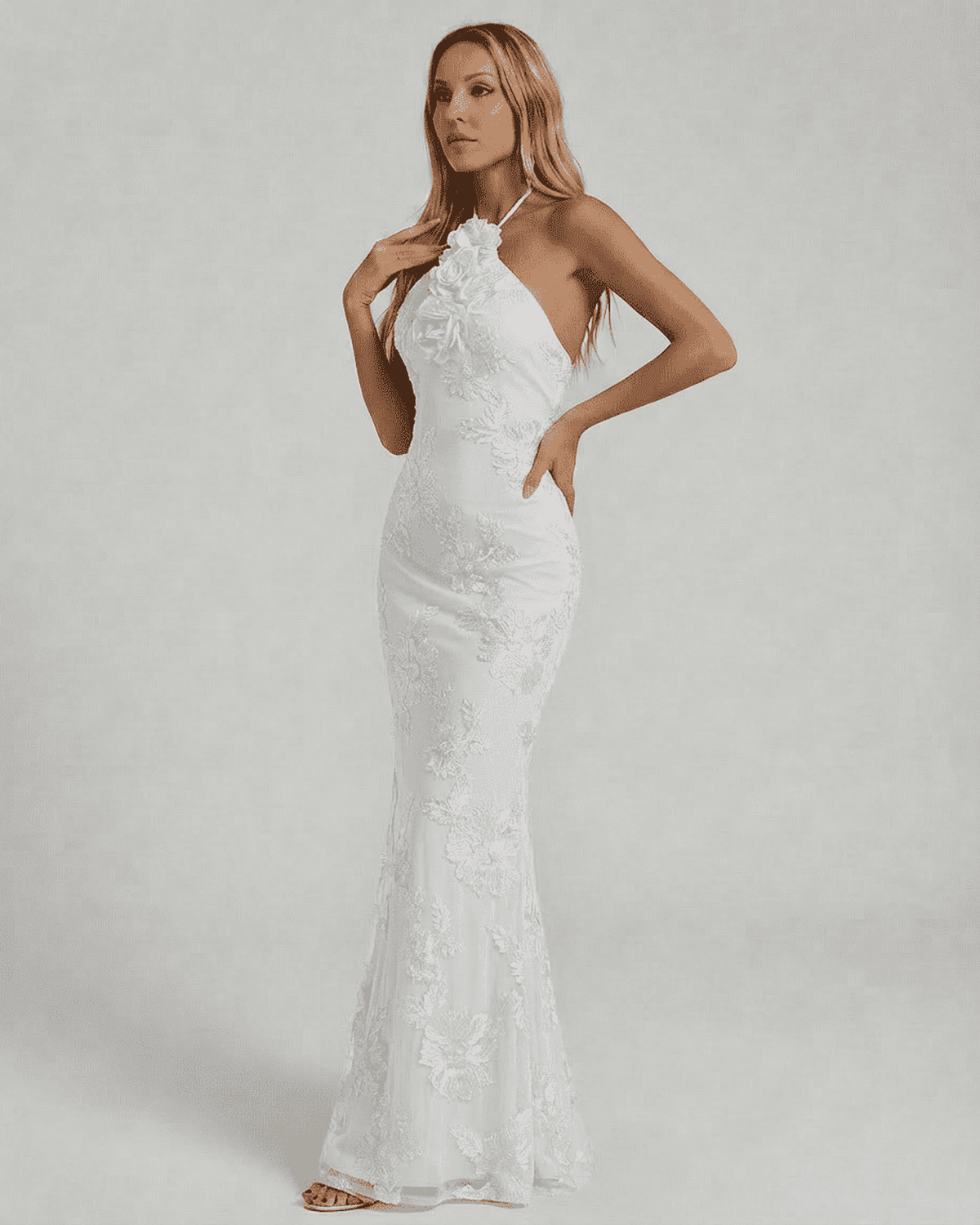 Alba Maxi Dress by Lauven, elegant halter neck design with floral foil print and 3D appliqué detailing.