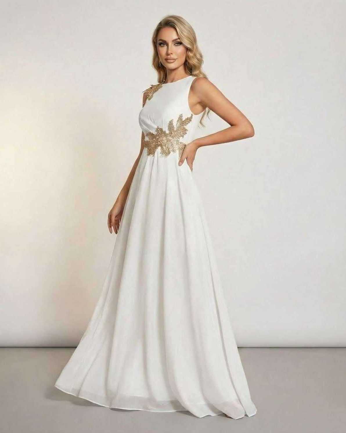 Alba Maxi Dress by Lauven - Elegant sleeveless white dress with patchwork detailing and flowing silhouette.