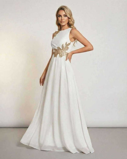 Alba Maxi Dress by Lauven - Elegant sleeveless white dress with patchwork detailing and flowing silhouette.