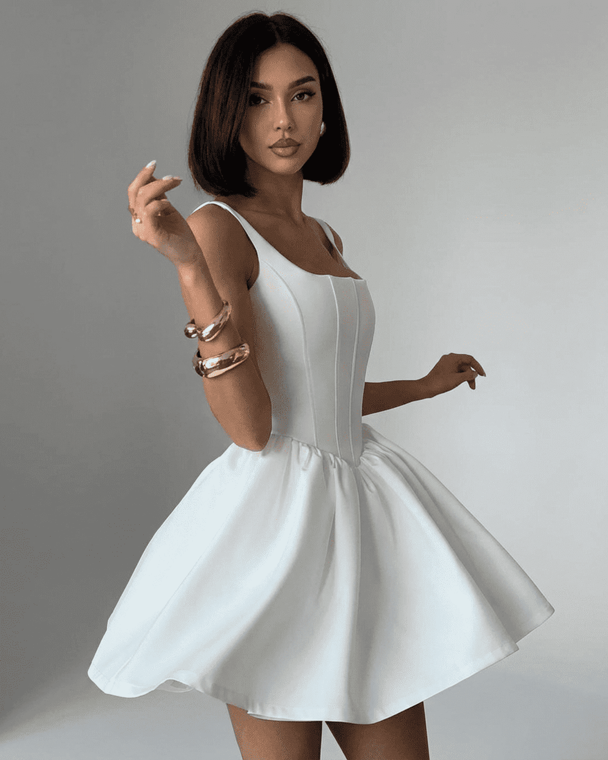 Alba Mini Dress by Lauven featuring a pure white structured corset design and square neckline.