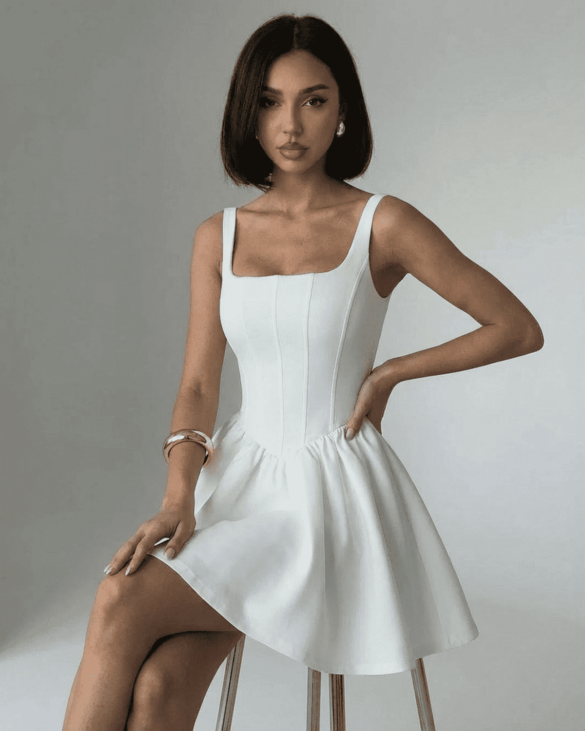 Alba Mini Dress by Lauven in pure white, showcasing structured corset design and square neckline.