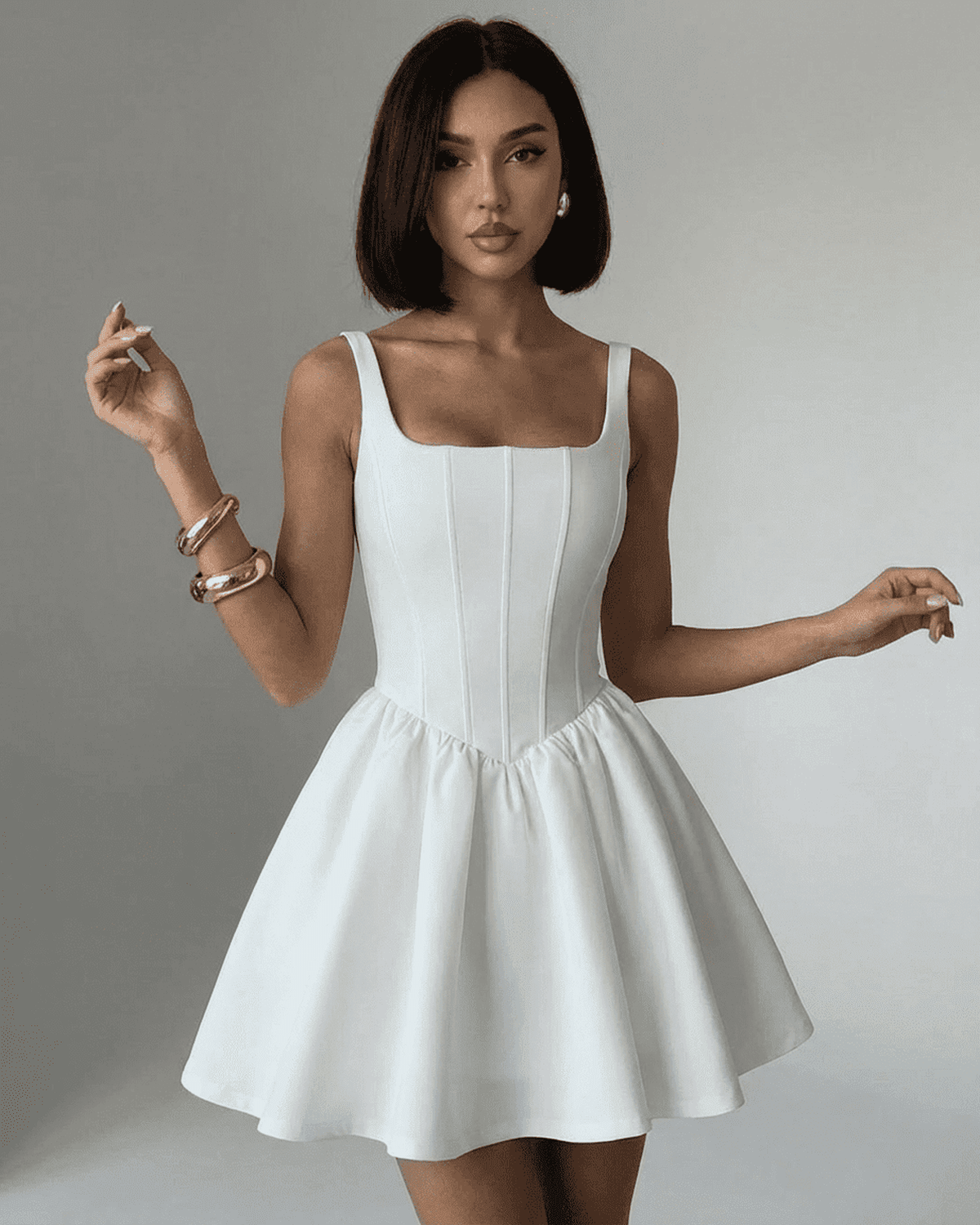 Alba Mini Dress by Lauven, pure white corset mini dress with square neckline and structured silhouette.