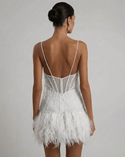 Alba Mini Dress by Lauven, back view showcasing the sequin tulle and feather tassel hem design.