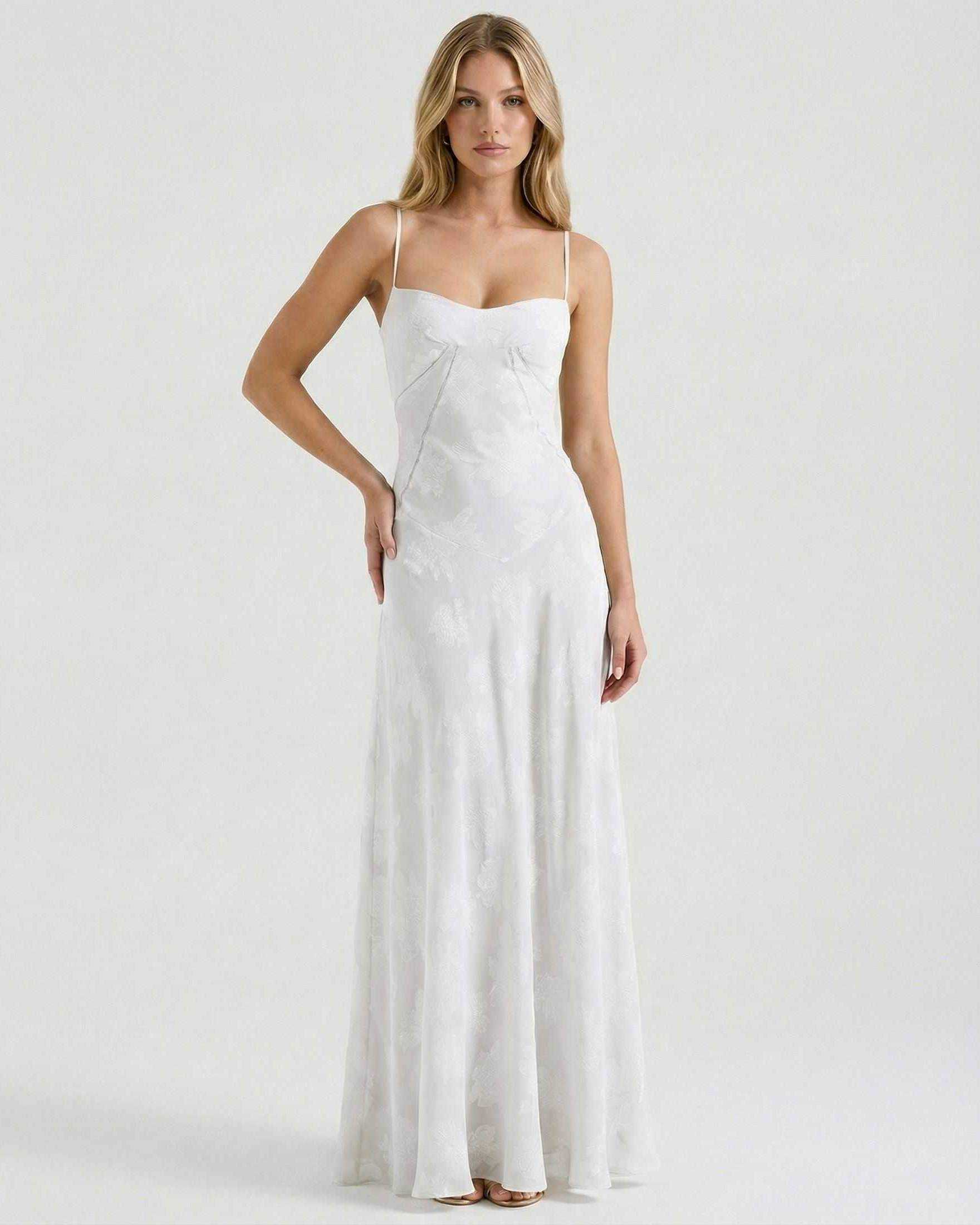 Albaea Maxi Dress by Lauven, featuring a floral print and sheer lace-up back, perfect for elegant occasions.