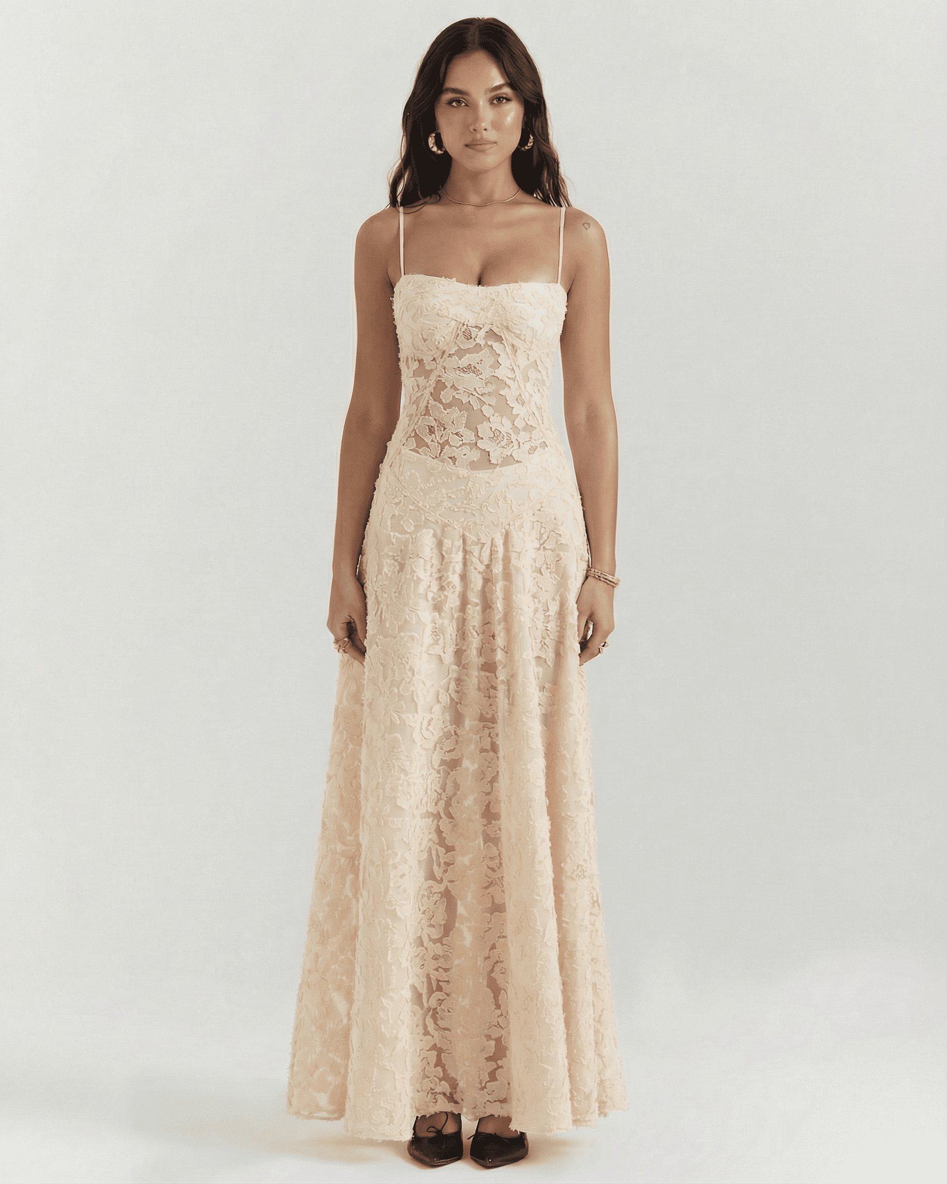 Alina Maxi Dress by Lauven - Elegant nude floral lace with corset back detail and adjustable straps.
