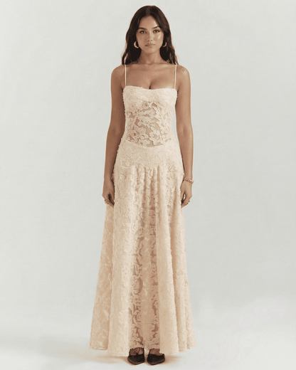 Alina Maxi Dress by Lauven - Elegant nude floral lace with corset back detail and adjustable straps.