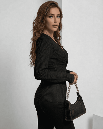 Alina Pullover by Lauven, elegant ribbed slim fit V-neck sweater in black, showcasing a sophisticated silhouette.