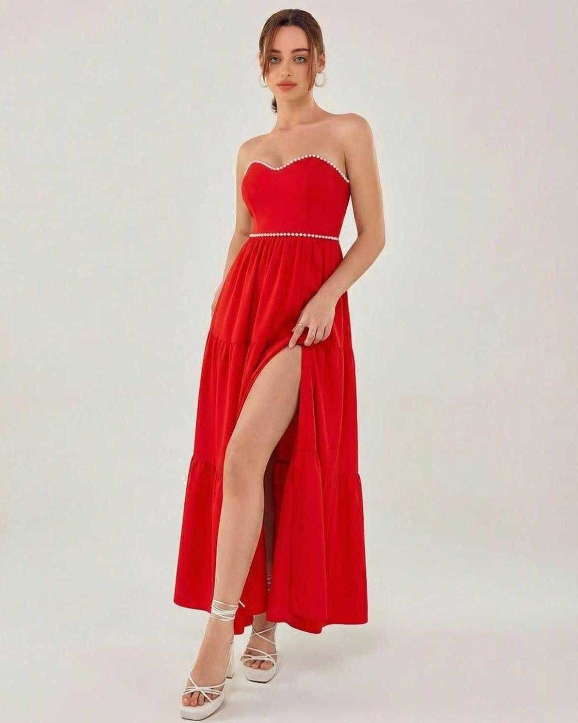 Allegra Midi Dress by Lauven, red strapless dress with slit showcasing elegance and style for summer events.