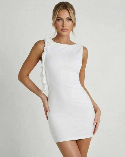 Allegra Mini Dress by Lauven, chic white sleeveless bodycon featuring ruffle accent and pencil skirt design.