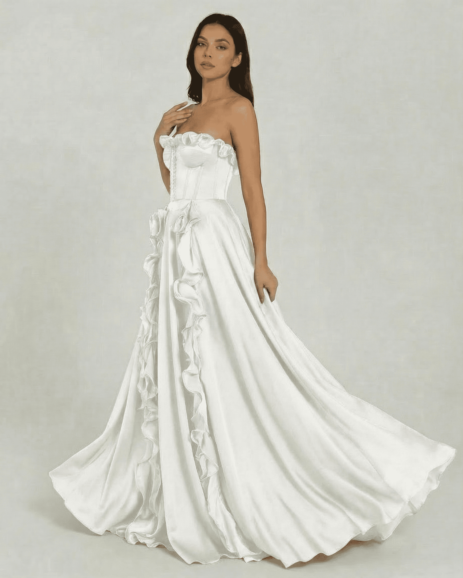 Althea Maxi Dress — Strapless white maxi dress by Lauven with ruffle detail and elegant floor-length silhouette.