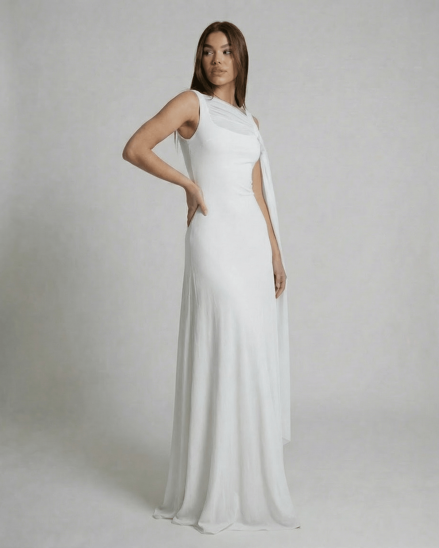 Althea Maxi Dress by Lauven - White slip dress featuring a square neck and mesh shawl detail, elegant and flowing silhouette.