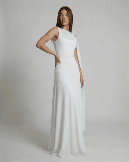 Althea Maxi Dress by Lauven - White slip dress featuring a square neck and mesh shawl detail, elegant and flowing silhouette.