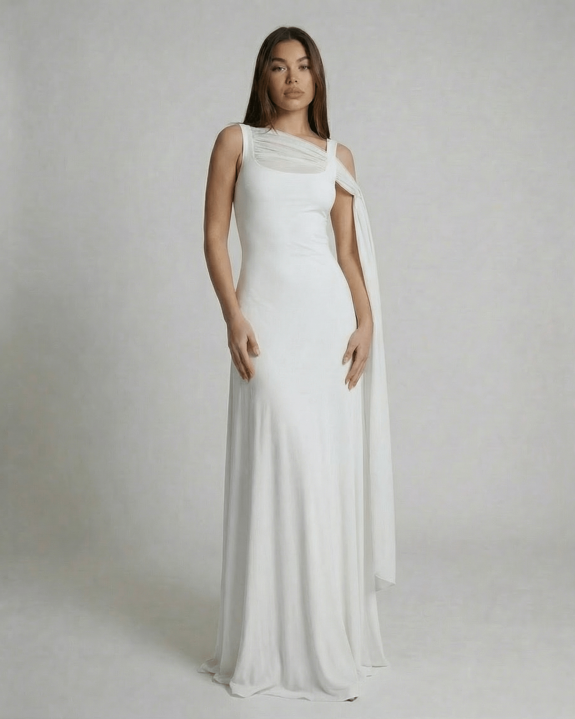 Althea Maxi Dress by Lauven, white slip maxi dress with square neck and mesh shawl detail.