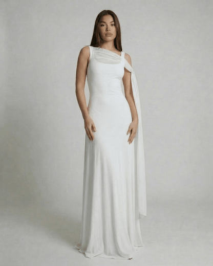 Althea Maxi Dress by Lauven, white slip maxi dress with square neck and mesh shawl detail.