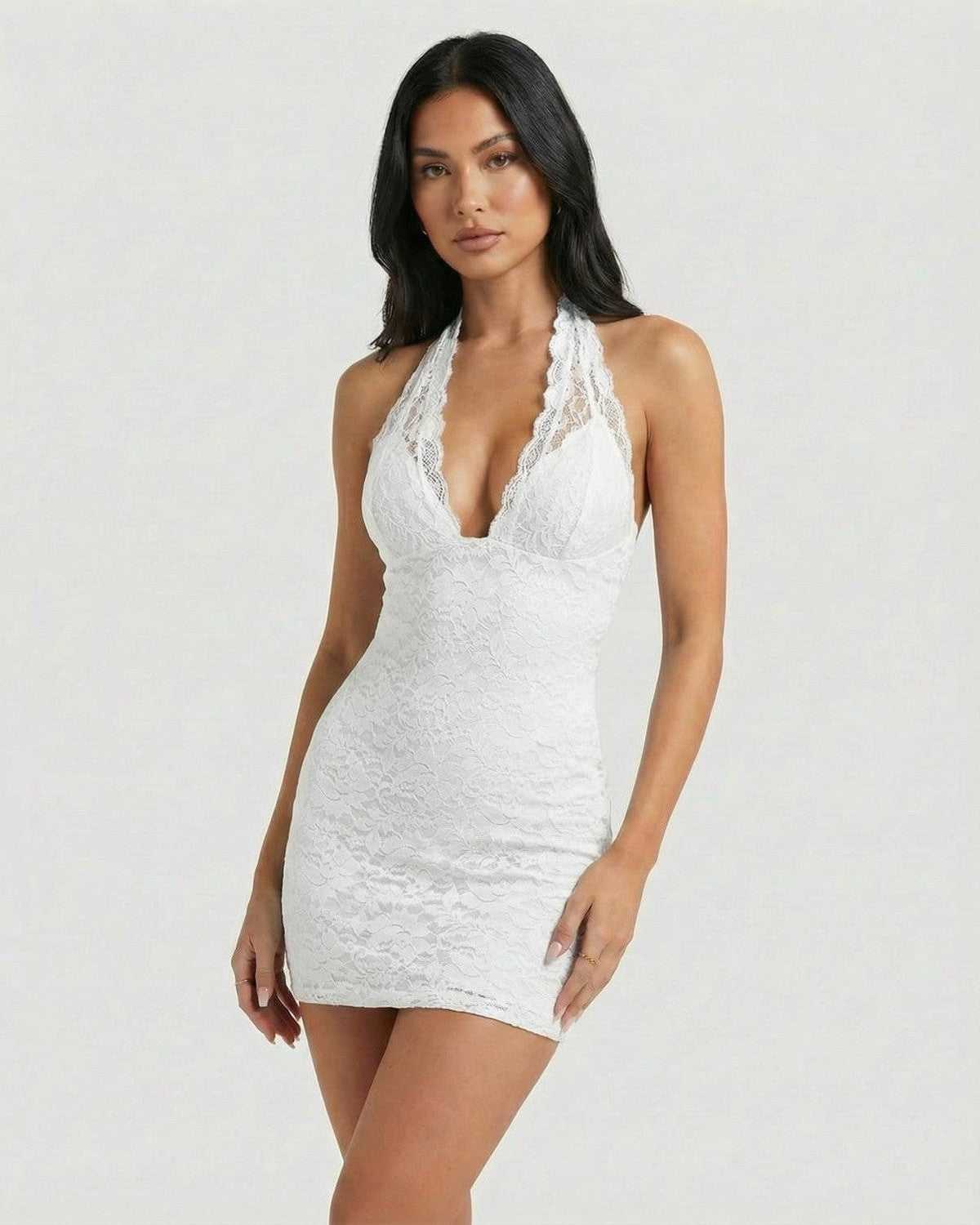 Althea Mini Dress by Lauven, white lace halter neck pencil silhouette showcasing modern elegance.