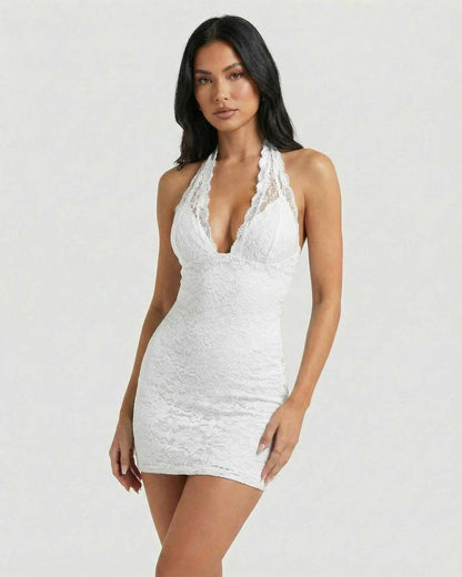 Althea Mini Dress by Lauven, white lace halter neck pencil silhouette showcasing modern elegance.