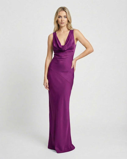 Amethyst Maxi Dress by Lauven — Sleek satin-effect cowl neck sleeveless design in vibrant purple hue.
